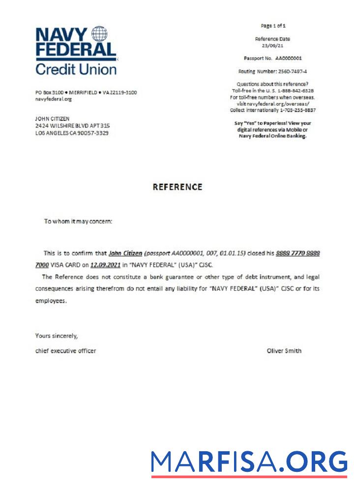 Realistic USA Navy Federal closure reference download for verification